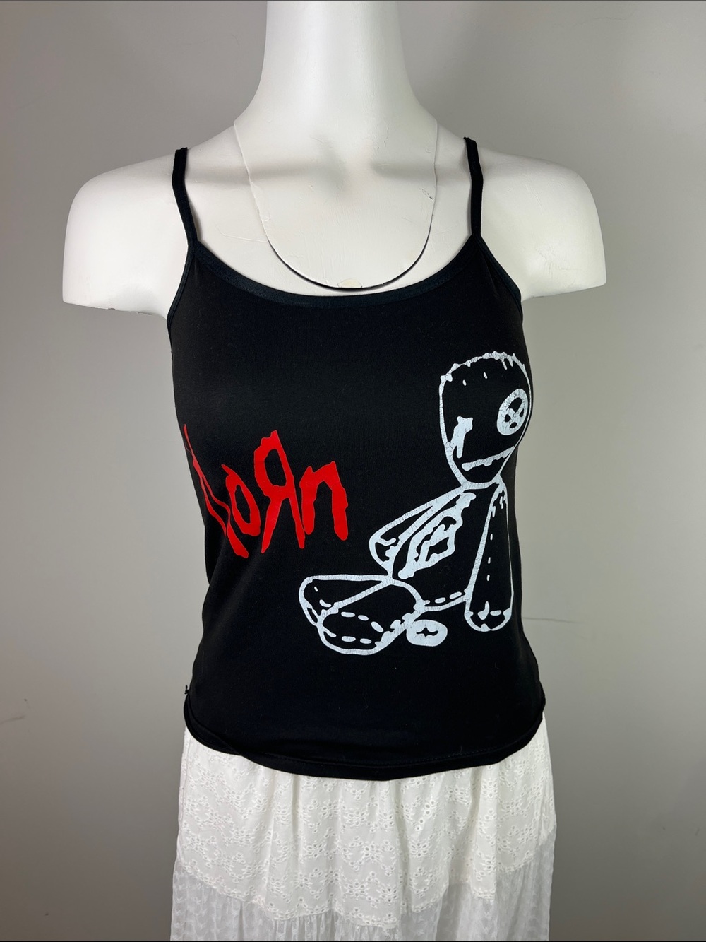 Korn Black Spaghetti-Strap Tank Top with Red Logo and White Doll Print